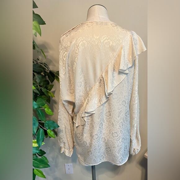 Pierre Cardin Dressy Vintage 80s Silky Satin Floral Ruffle Button Blouse - Picture 7 of 8